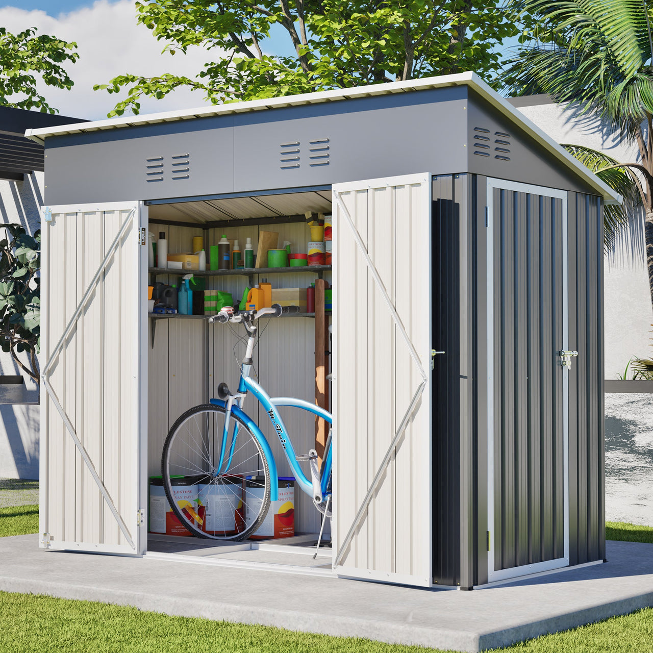 4x8 Slope-Roof Reinforced Storage Shed with Weatherproof Sloping Roof & 4 Air Vents, Heavy-Duty Sturdy Metal Frame, Left/Right Optional Door, Outdoor Tool Shed Warehouse for Garden Storage Pet House