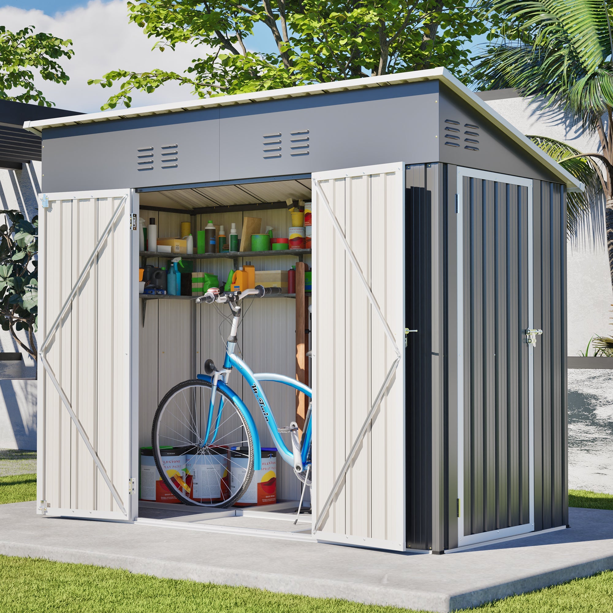 4x8 Slope-Roof Reinforced Storage Shed with Weatherproof Sloping Roof & 4 Air Vents, Heavy-Duty Sturdy Metal Frame, Left/Right Optional Door, Outdoor Tool Shed Warehouse for Garden Storage Pet House