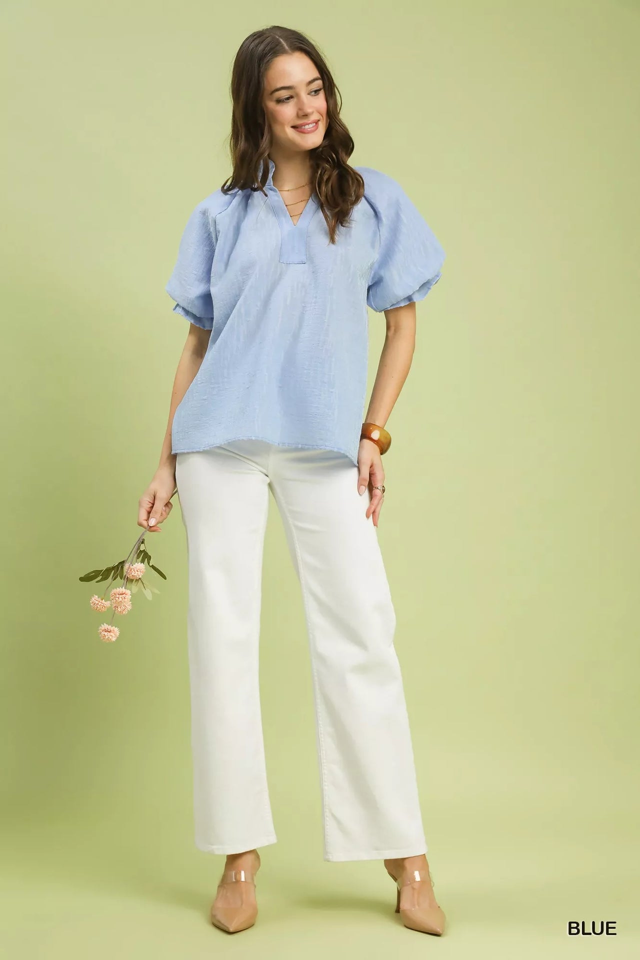 Umgee Textured Puff Sleeve Split Neck Top