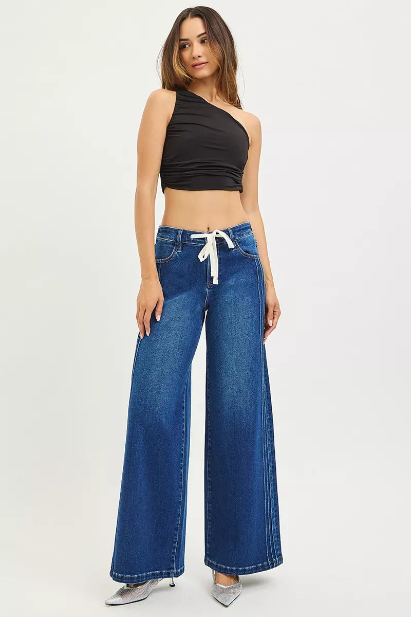 RISEN Full Size Mid Rise Wide Side Pintuck Jeans with Front Drawstring Plus Size