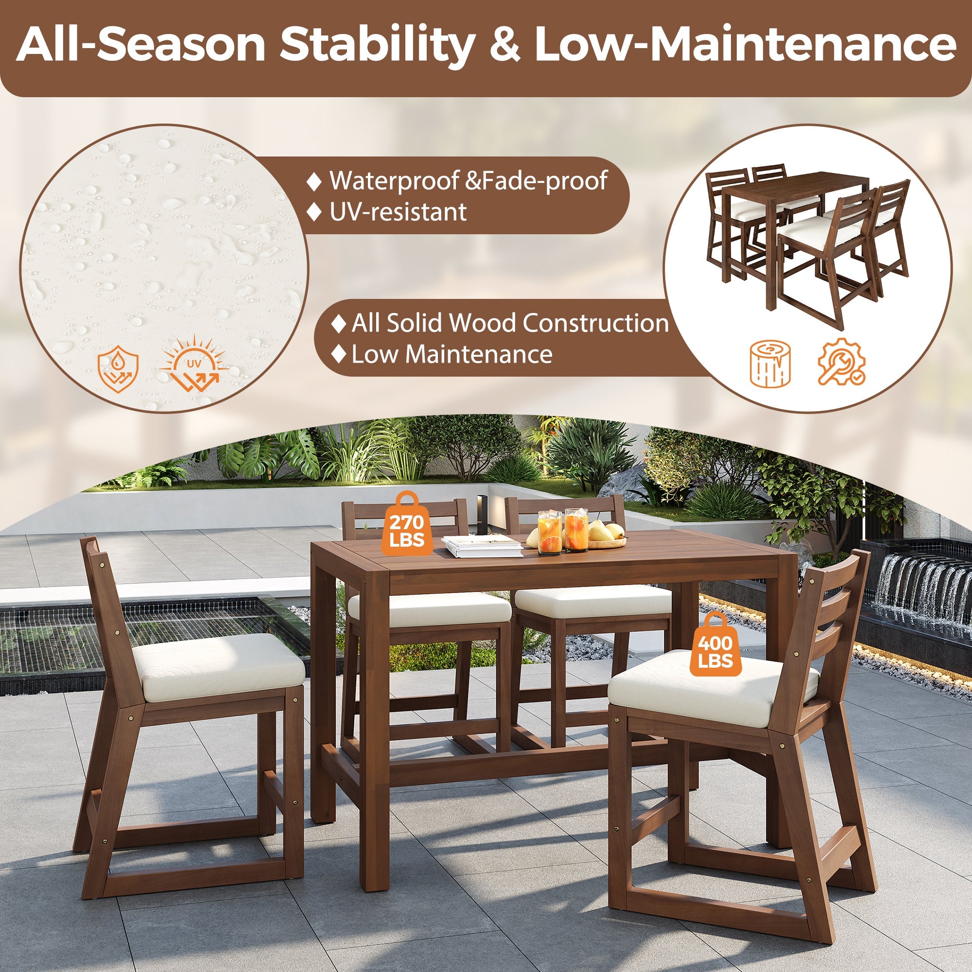 TREXM Rustic Patio Bar Set with Ergonomic Chairs, Solid Wood Slatted Tabletop in Mocha+Beige Cushion
