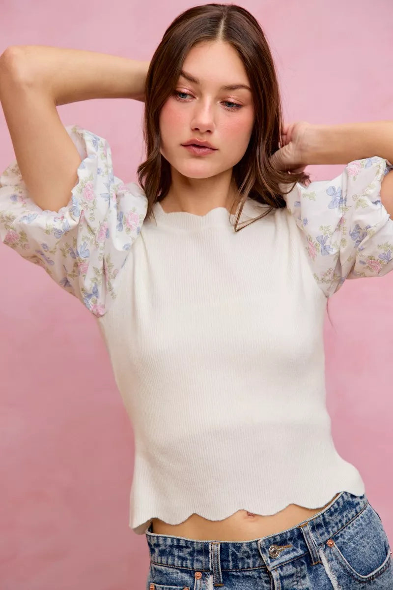 SO ME Floral Cotton Contrast Sleeves Scallop Sweater Top