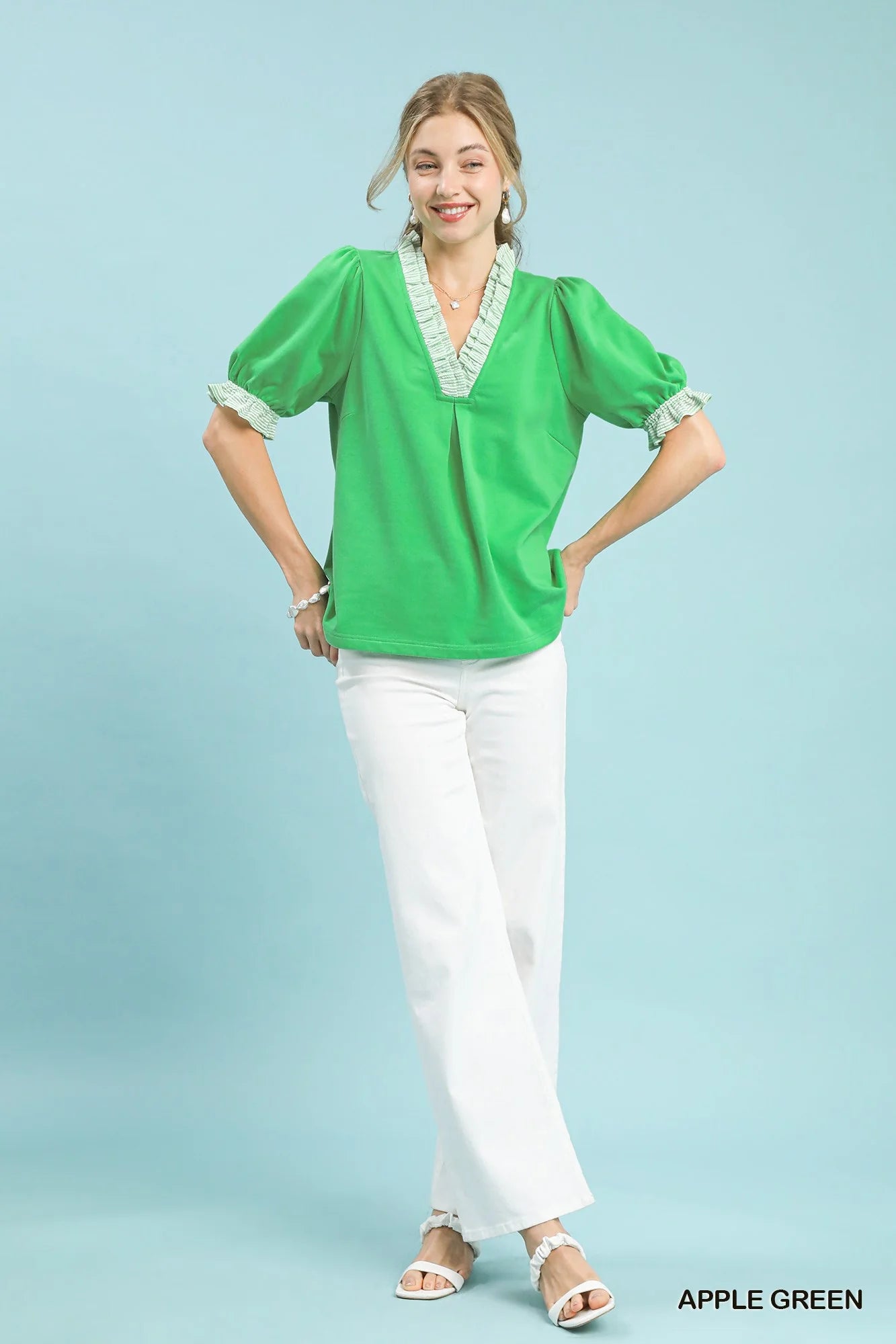 Umgee French Terry Ruffle Trim Puff Sleeve Top