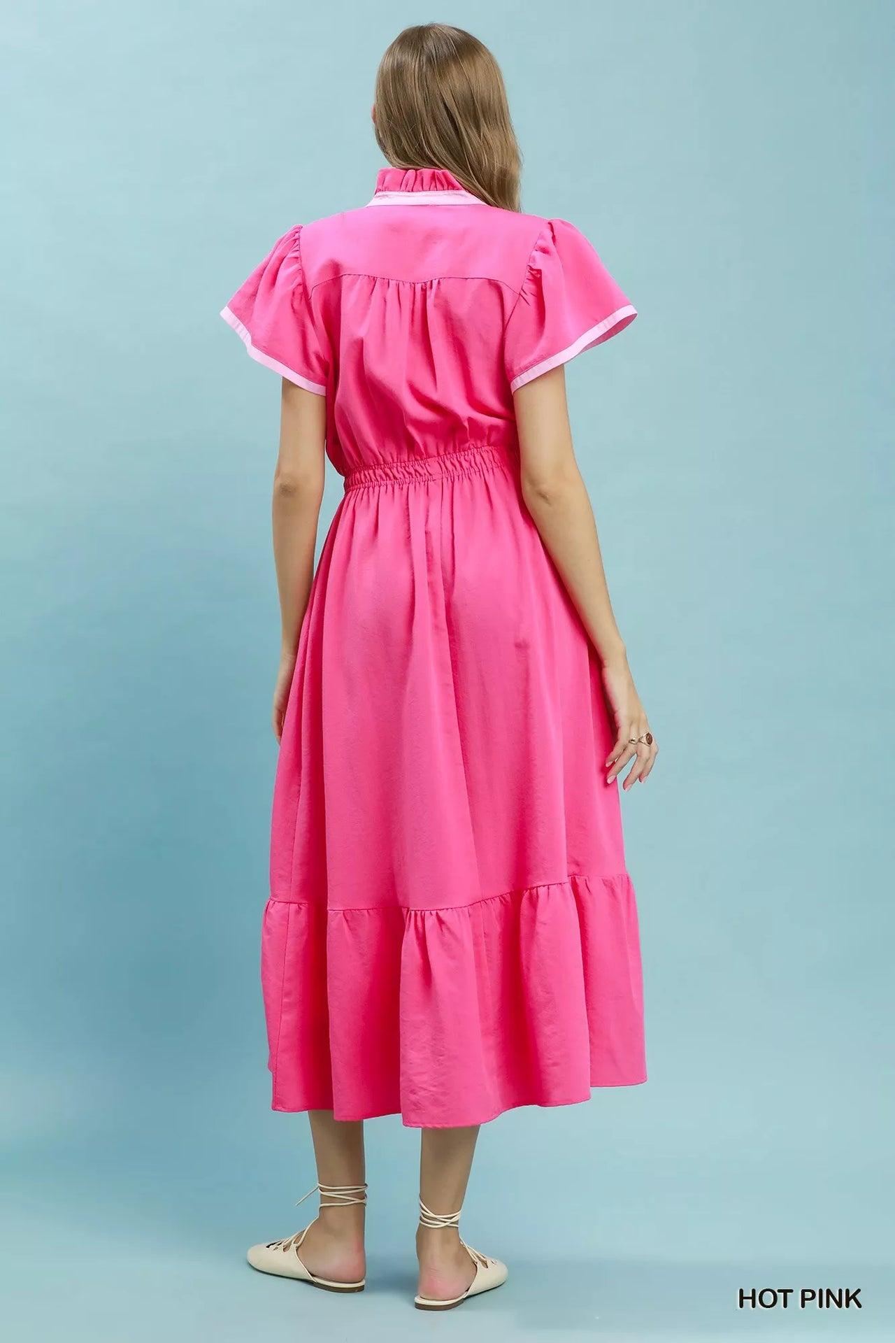 Umgee Contrast Trim Midi Dress with Tiered Ruffle Hem