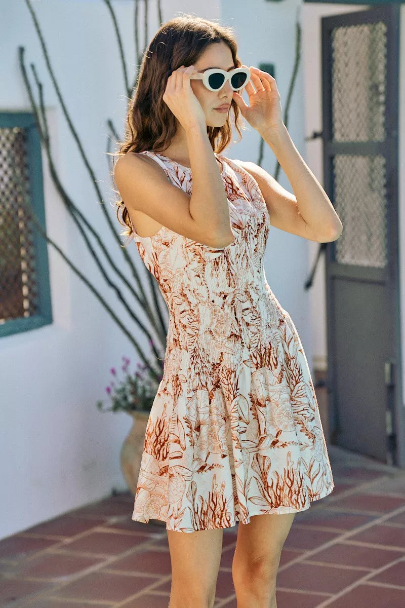 SO ME Shell Print Smocked Fit And Flare Mini Lined Dress