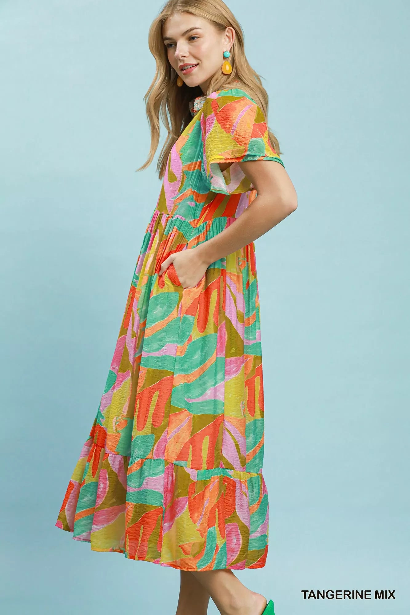 Umgee Abstract Tropical Print Tiered Midi Dress