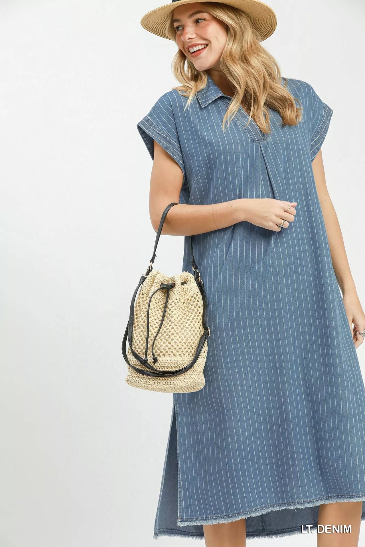 Umgee Pinstripe Denim Collared Midi Dress with Side Slits