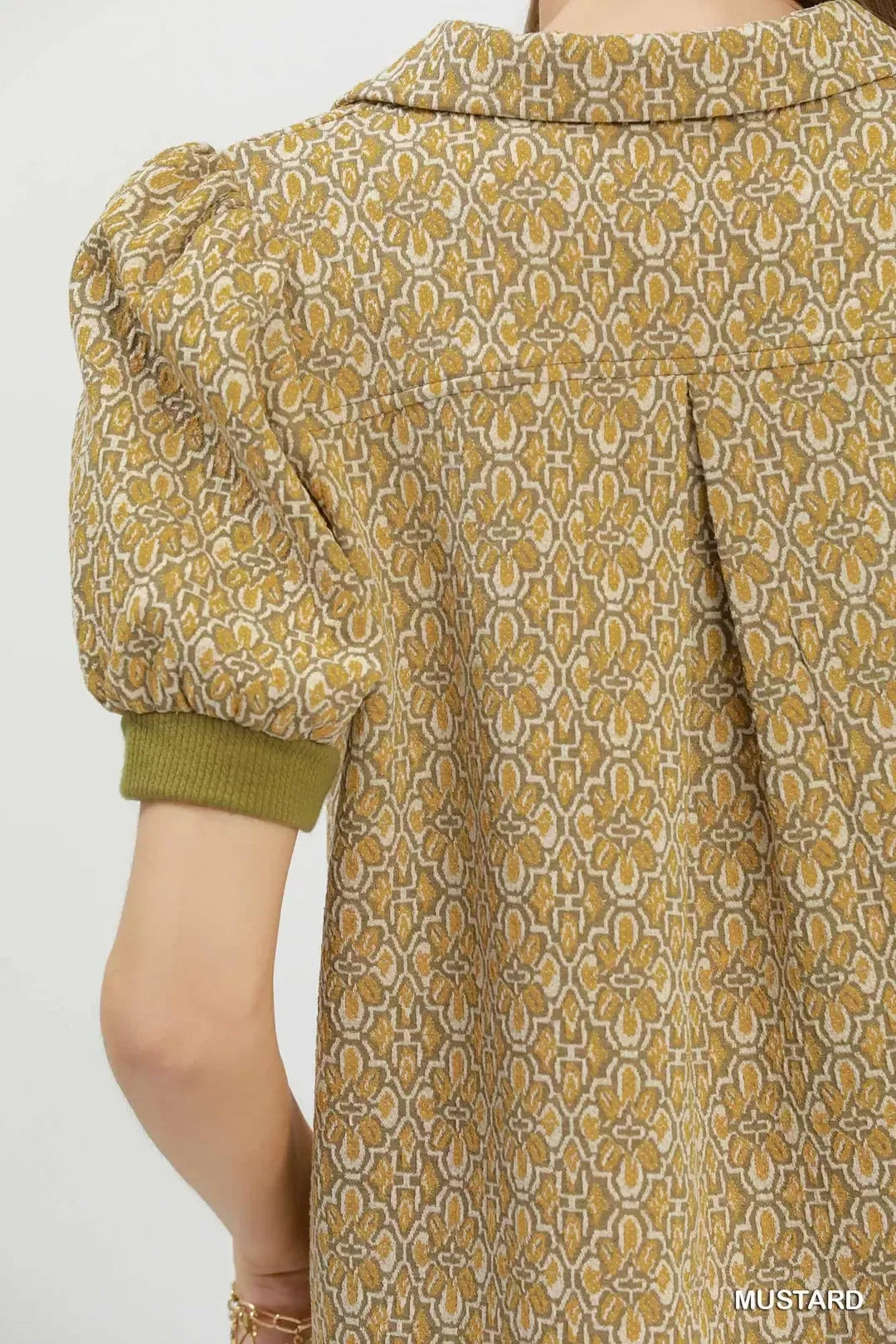 Umgee Printed Collared Puff Sleeve Top
