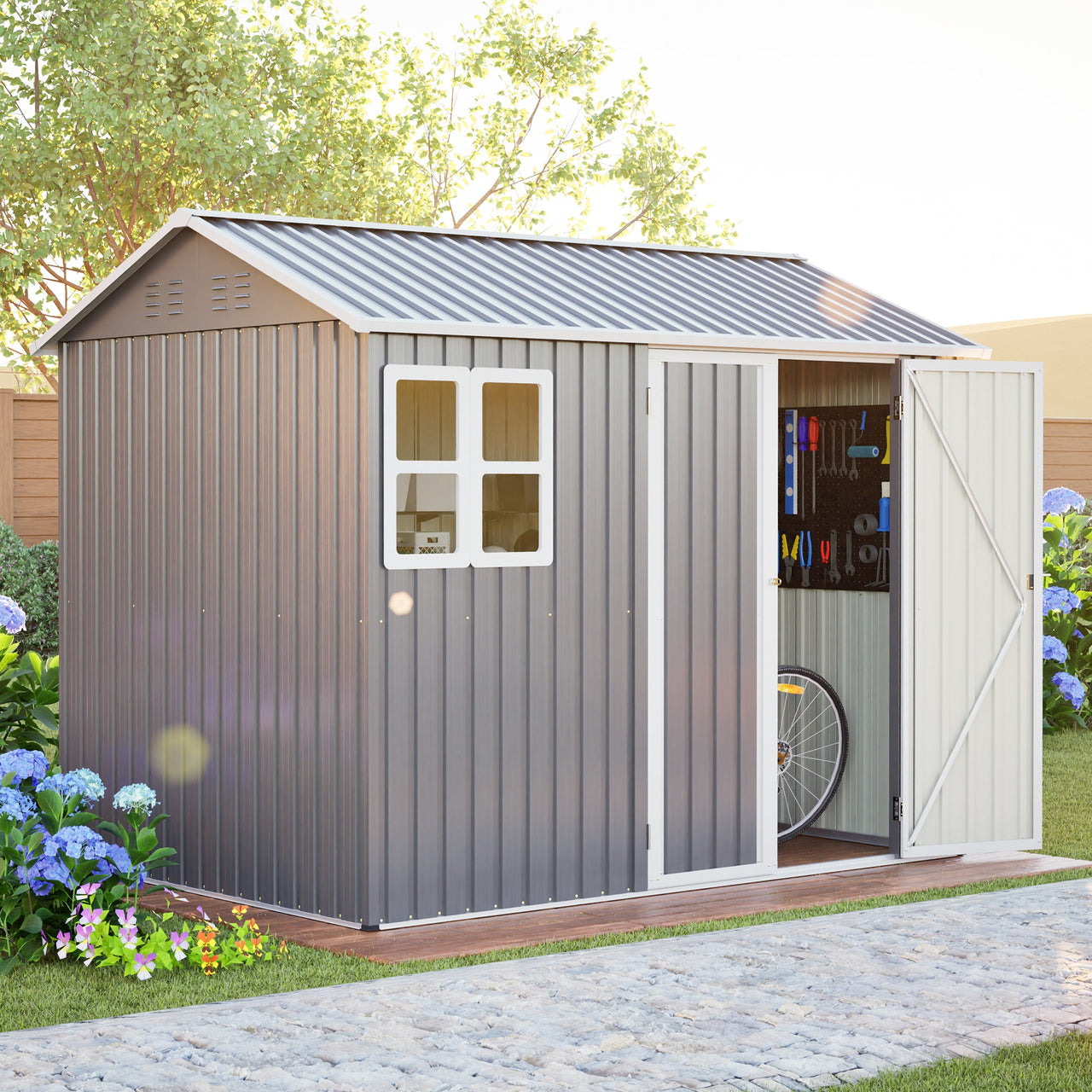 8'x6' Large Steel Storage Shed with Window, Lockable Doors & Sloped Roof, Heavy Duty Outdoor Tool Shed for Garden, Patio, Backyard, Lawn - Dark Gray