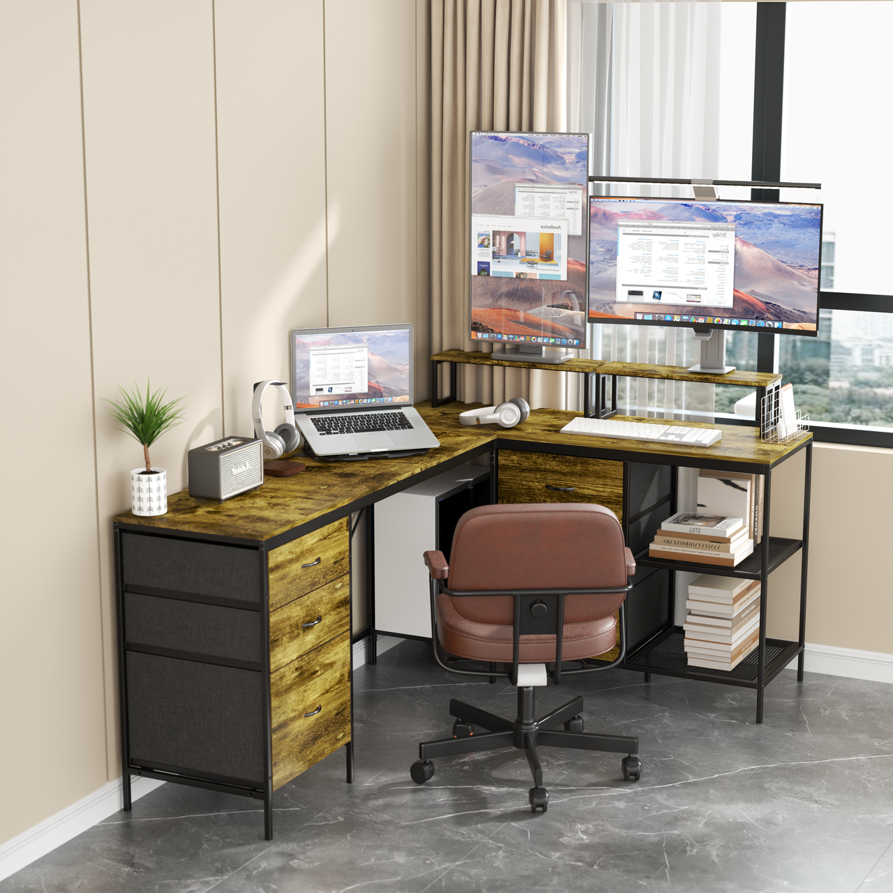 Industrial L-Shaped Computer Desk with Power Outlets & USB-C, Rustic Brown Metal Frame, 6 Fabric Drawers, 3 Open Shelves, Movable Monitor Stands, 114 Inch Corner Office Desk for Gaming and Work