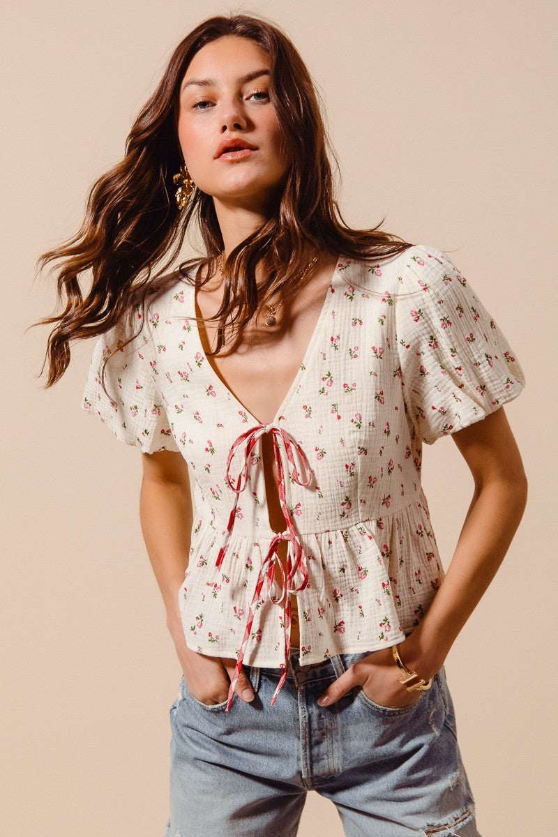 SO ME Ditsy Floral Print Gauze Tie-Front Blouse