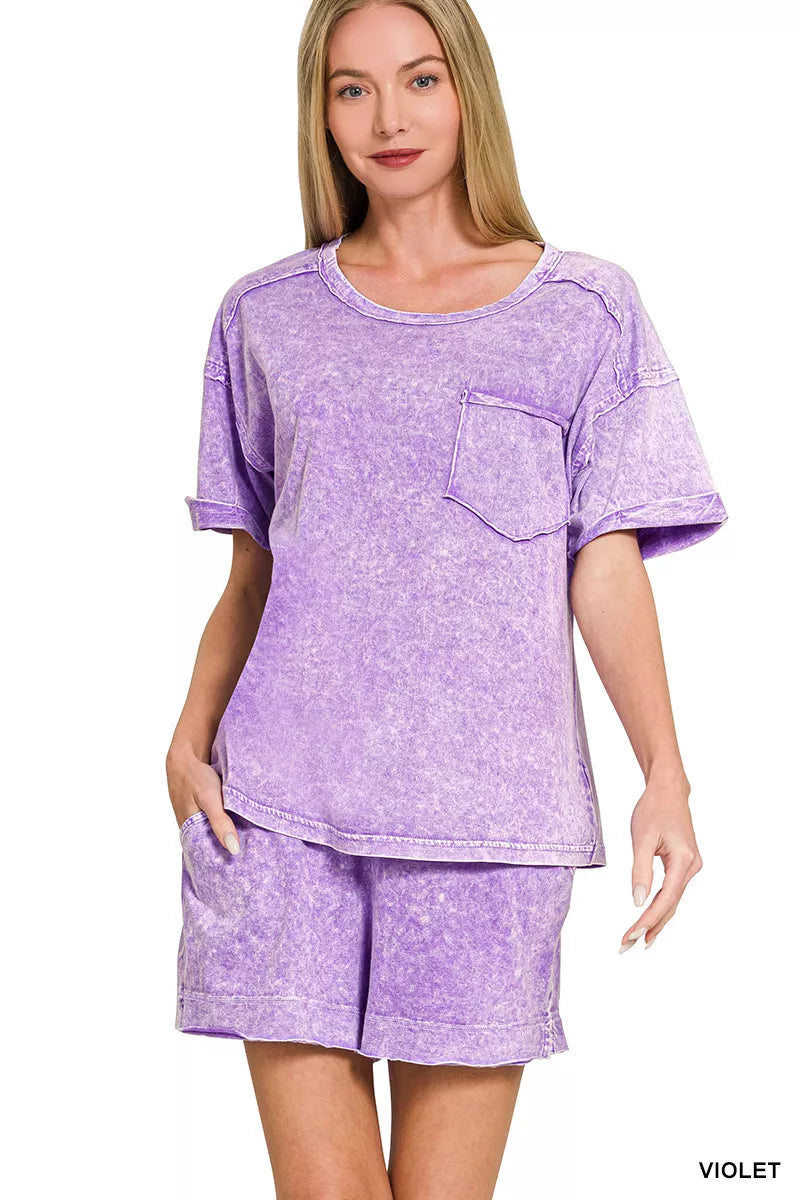 Zenana Halo Snow Washed Exposed Seam Top & Shorts Set