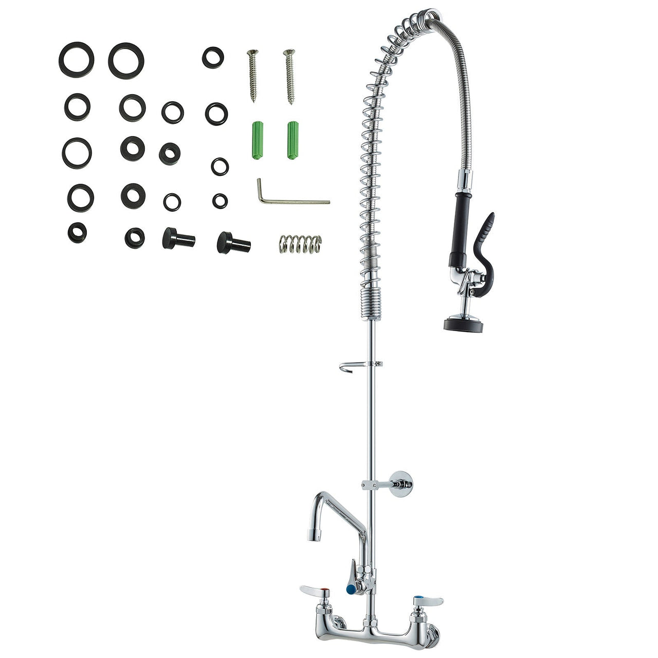 Commercial Faucet with Pre-Rinse Sprayer, 44' Height, 8' Center, 12' Swing Spout, Wall Mount Kitchen Sink Faucet, Brass Constructed Device with Pull Down Spray, for 1/2/3 Compartment Sink