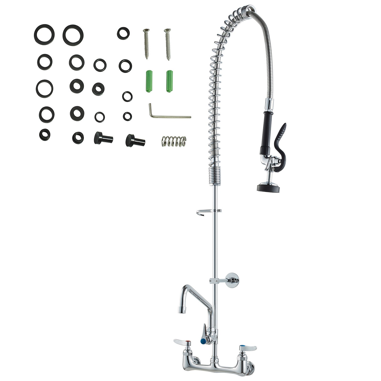 Commercial Faucet with Pre-Rinse Sprayer, 44' Height, 8' Center, 12' Swing Spout, Wall Mount Kitchen Sink Faucet, Brass Constructed Device with Pull Down Spray, for 1/2/3 Compartment Sink