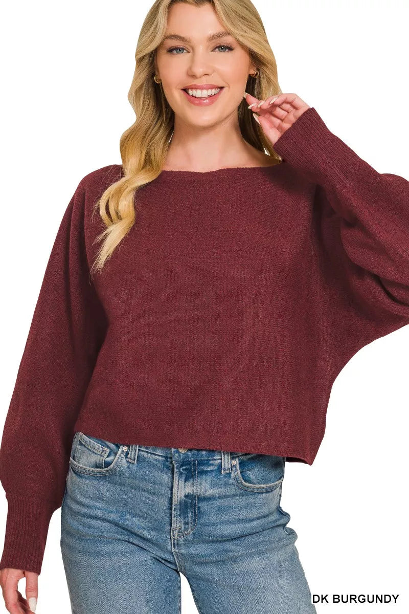 Zenana Boat Neck Balloon Sleeve Sweater