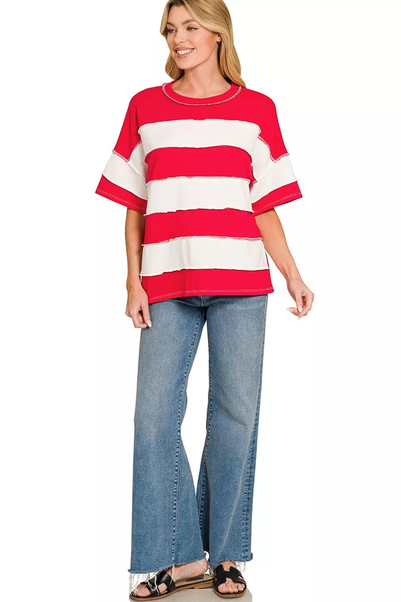 Zenana French Terry Striped Exposed Seam Top