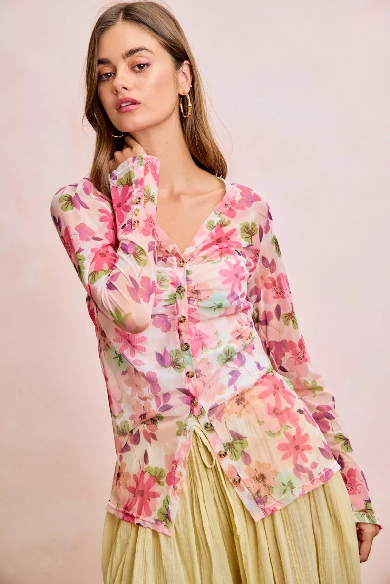 BiBi Floral Shrried Detail Button Up Mesh Cardigan Top