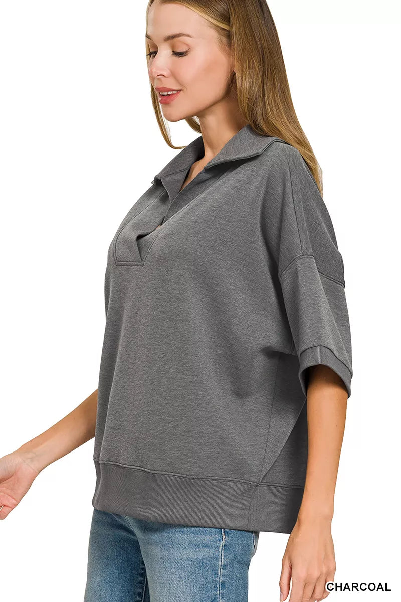 Zenana Scuba Collared Short Sleeve Pullover & Center Seam Pants Set