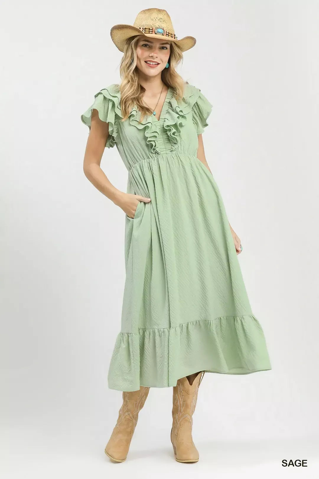 Umgee Textured Ruffle Midi Dress