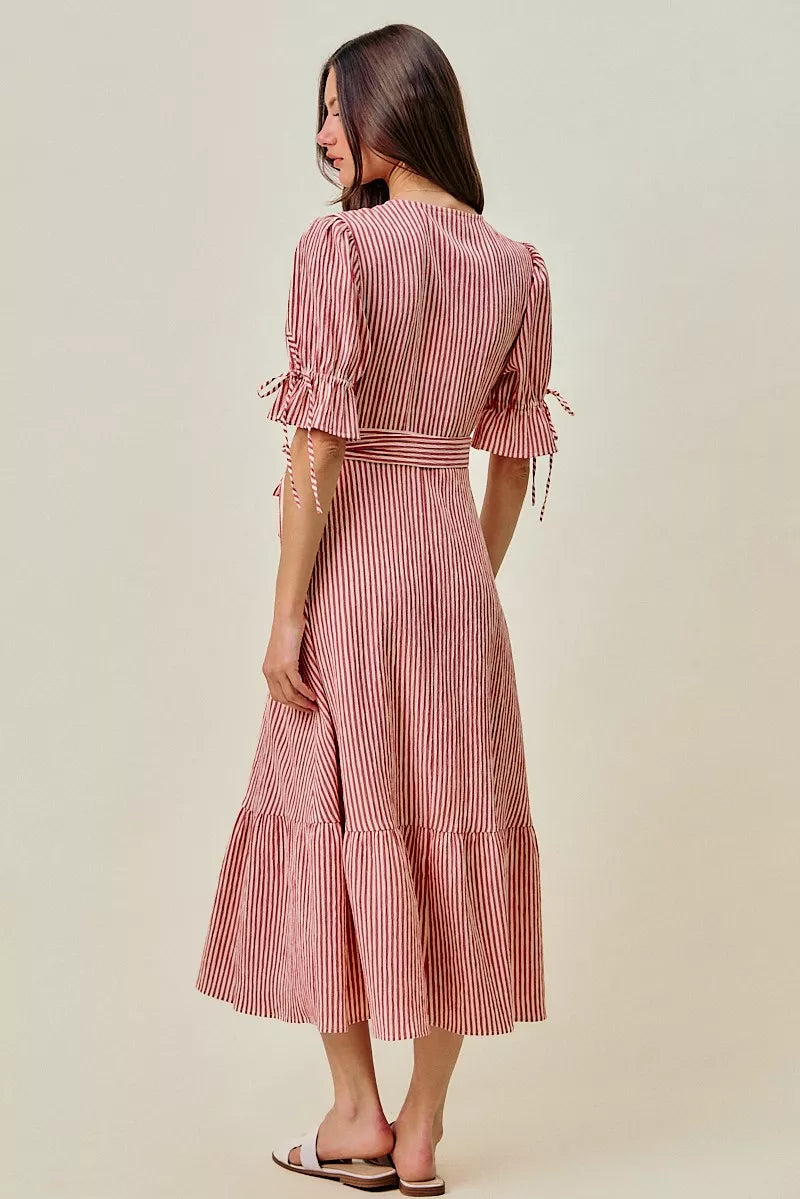 SO ME Stripe Textured Short Sleeves Lined Wrap Midi Dres