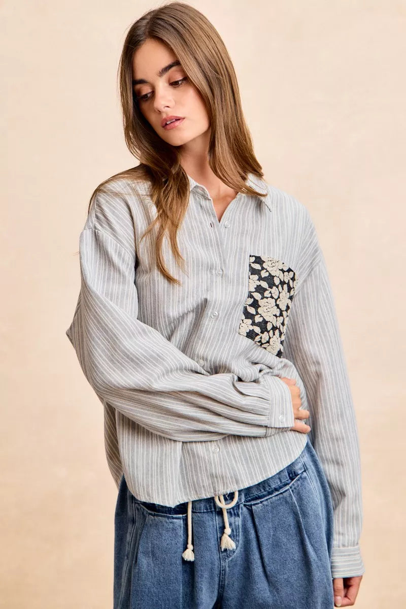 BiBi Flower Jacquard Knit Patch Pocket Stripe Shirt