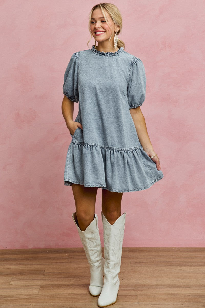SO ME Denim Short Sleeves Mini Tiered Dress