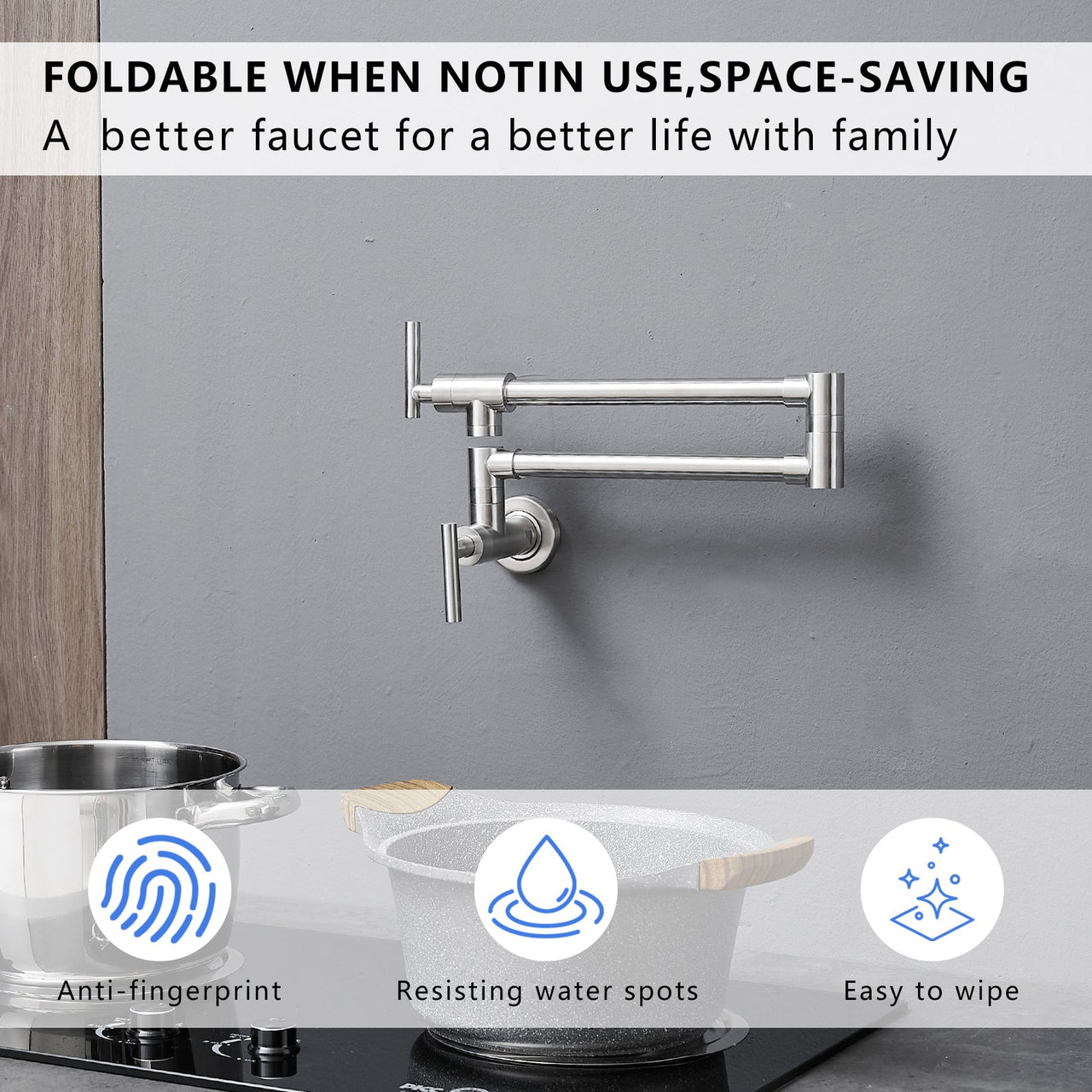 Pot Filler,Wall Mount Commercial Pot Filler Faucet,304 SS Material Kitchen Folding Faucet,Coffee Machine Faucet with Stretchable Double Joint Swing Arms,Style A,Black ened