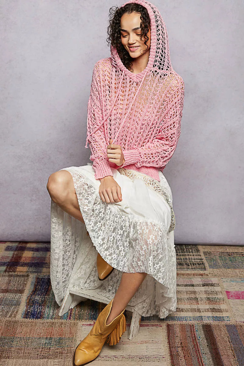 POL Openwork Round Neck High Low Knit Top