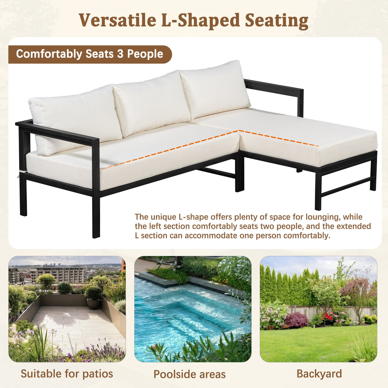 U_style Outdoor L-Shaped Sofa with Iron Frame,Weather-Resistant Patio Sofa Set with Ultra-Thick Cushions,Comfortable Seating for 3,Ideal for Patio, Balcony,and Garden