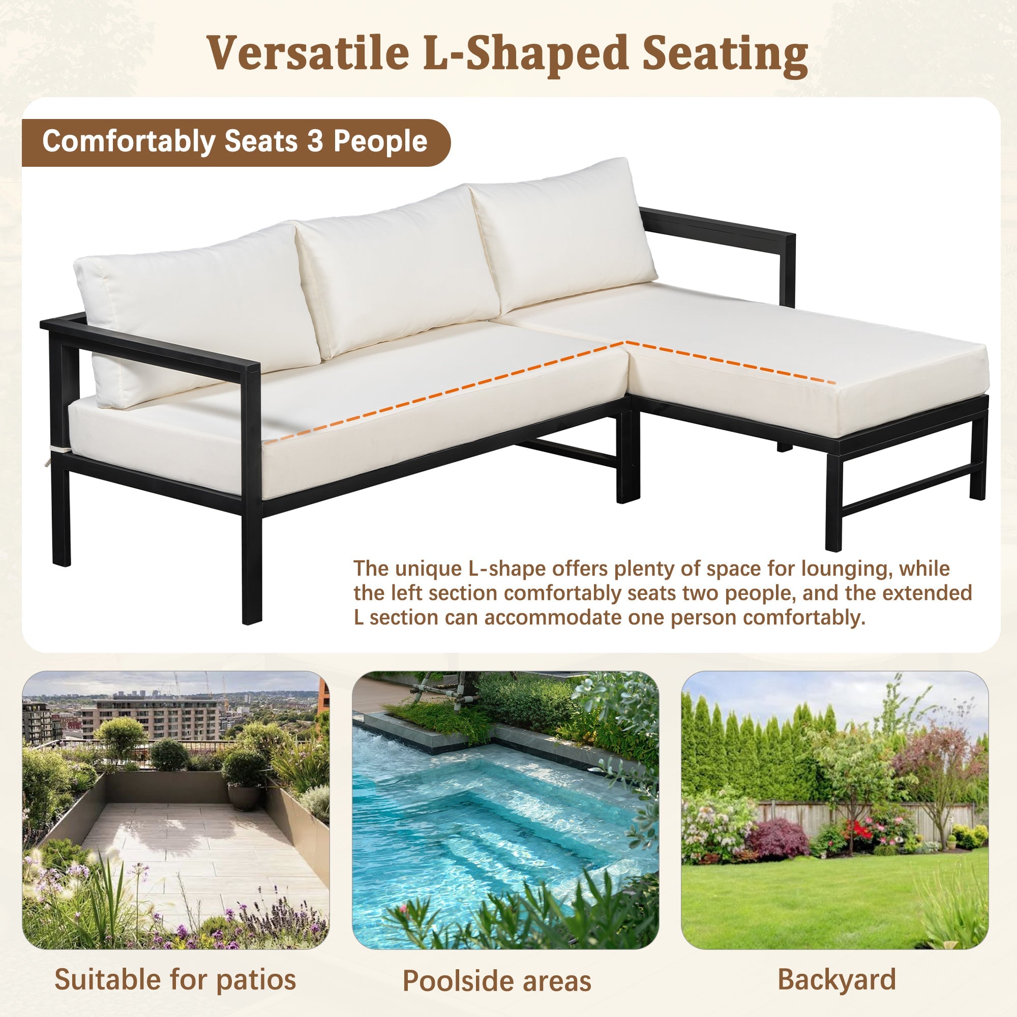 U_style Outdoor L-Shaped Sofa with Iron Frame,Weather-Resistant Patio Sofa Set with Ultra-Thick Cushions,Comfortable Seating for 3,Ideal for Patio, Balcony,and Garden