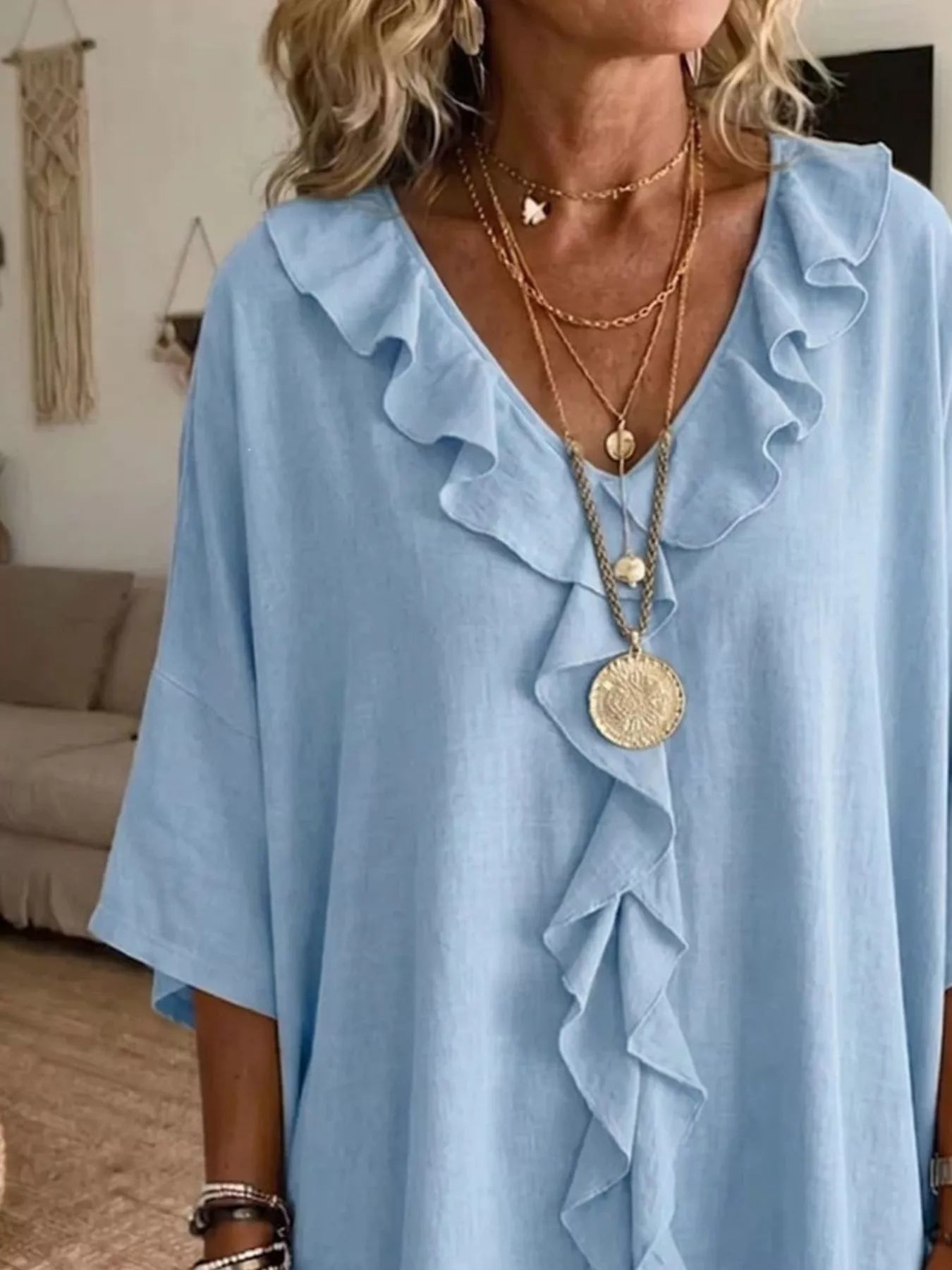 Full Size Ruffle V-Neck 3/4 Sleeve Blouse Plus Size