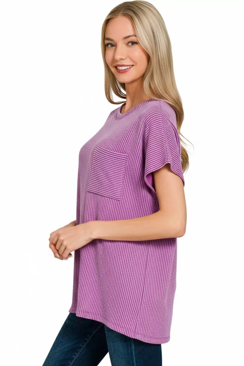 Zenana Raised Rib Front Pocket Boxy Top