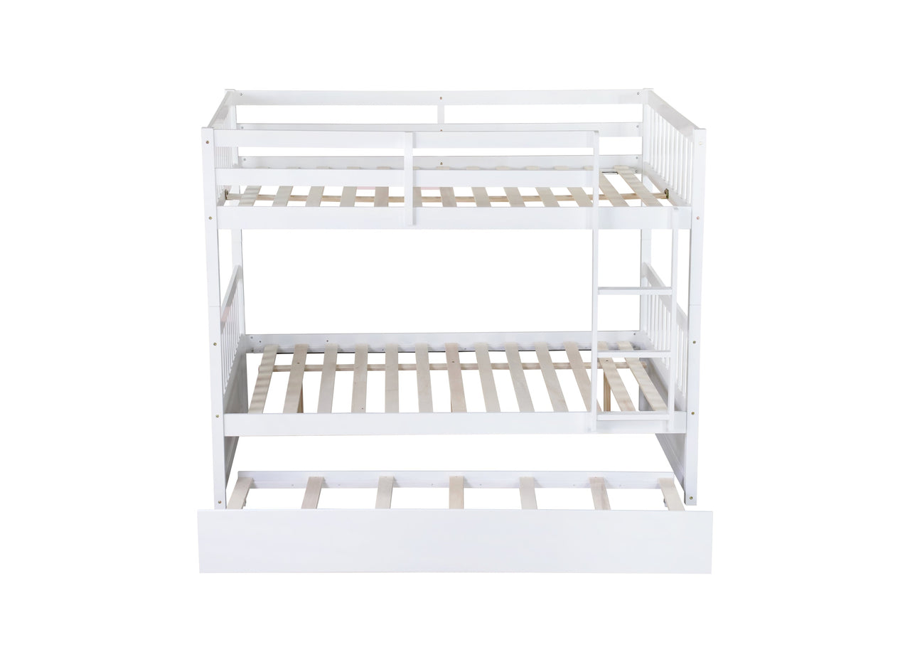 Full Over Full Rubber Wood Bunk Bed with Trundle, Ladder and Guardrails, Convertible to 2 Full Size Beds, with Twin Size Trundle,White
