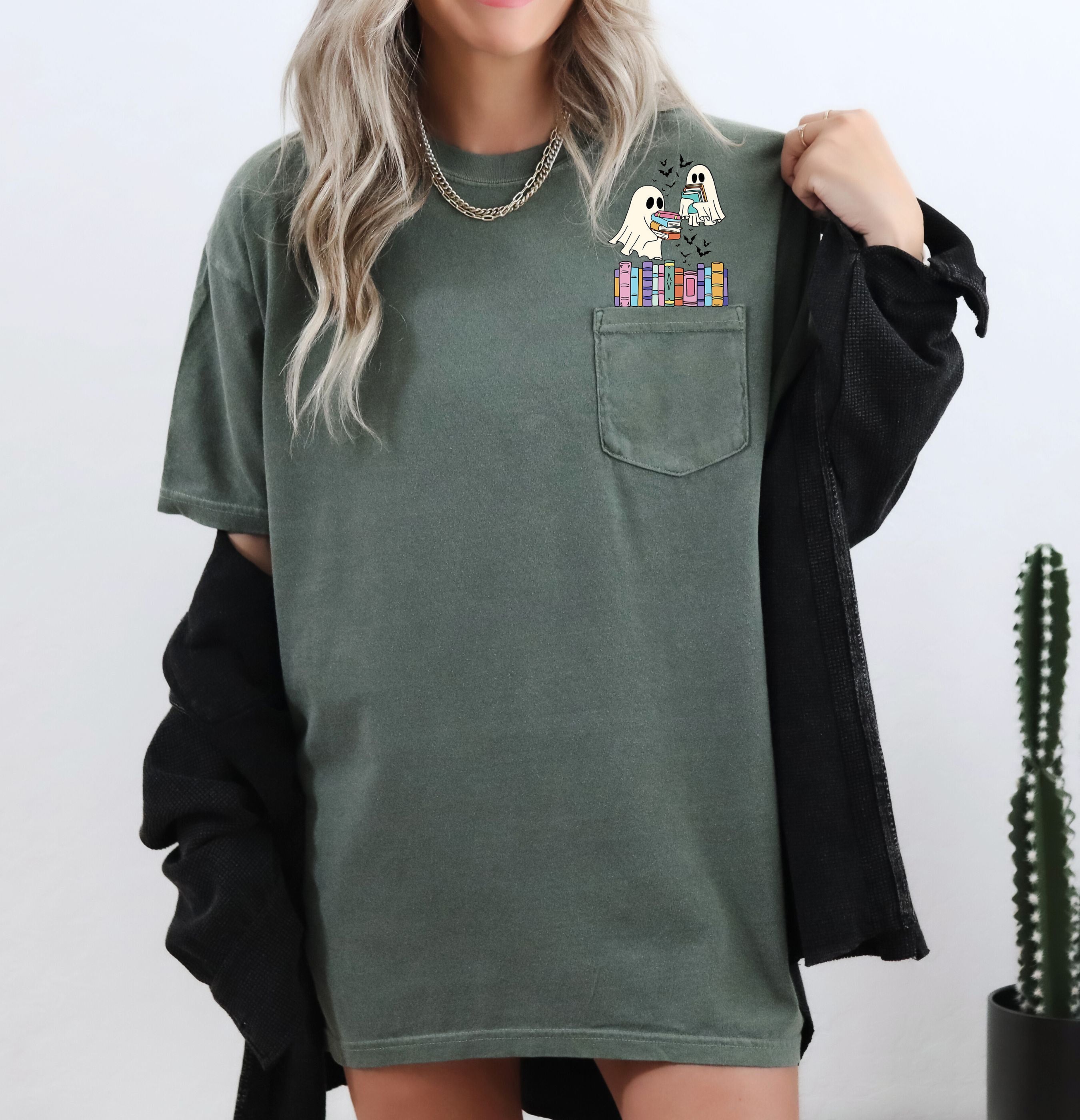 Cute Book Lover Ghosts Reading Library Pocket Halloween Season Comfort Colors Tee