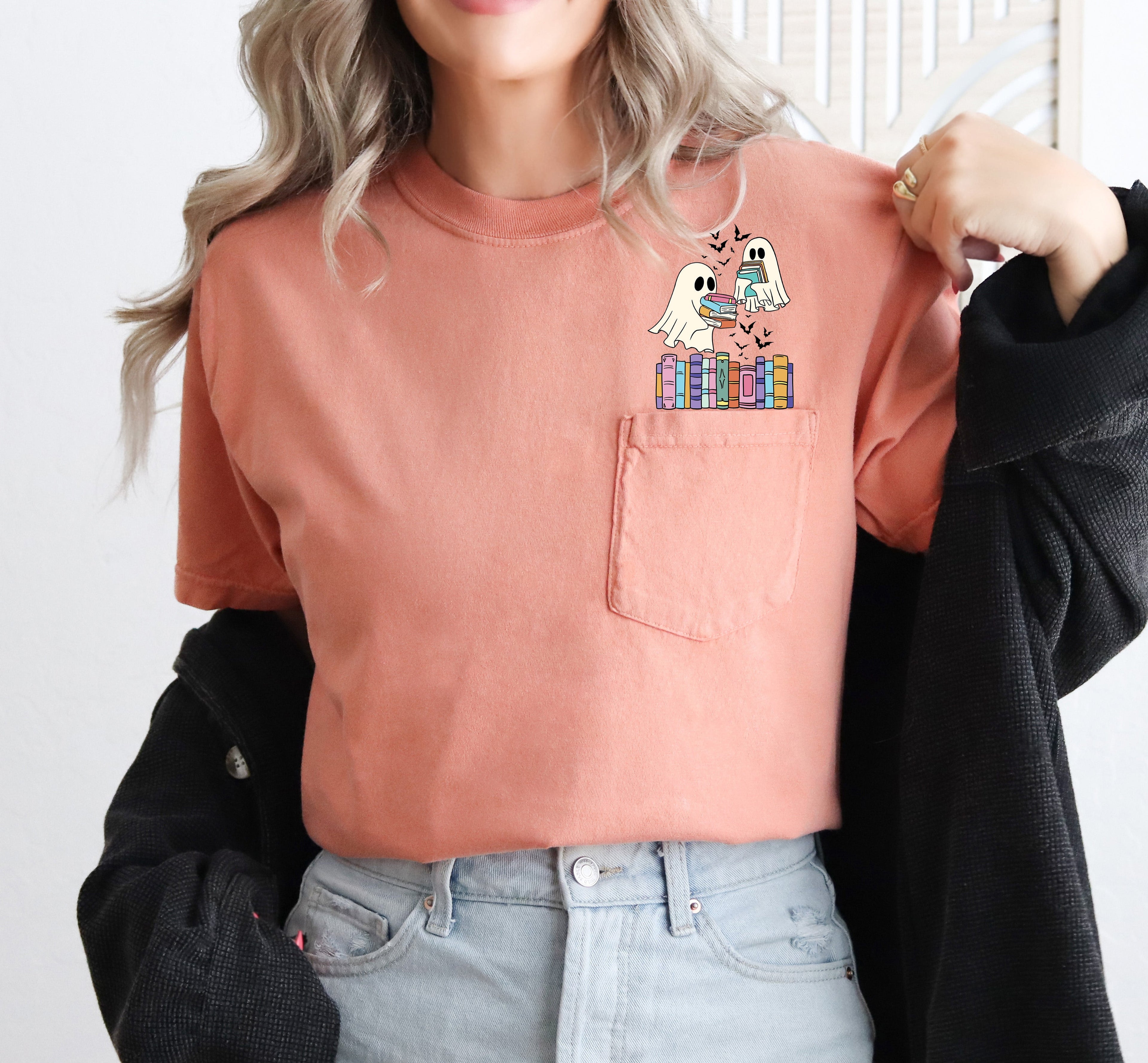 Cute Book Lover Ghosts Reading Library Pocket Halloween Season Comfort Colors Tee