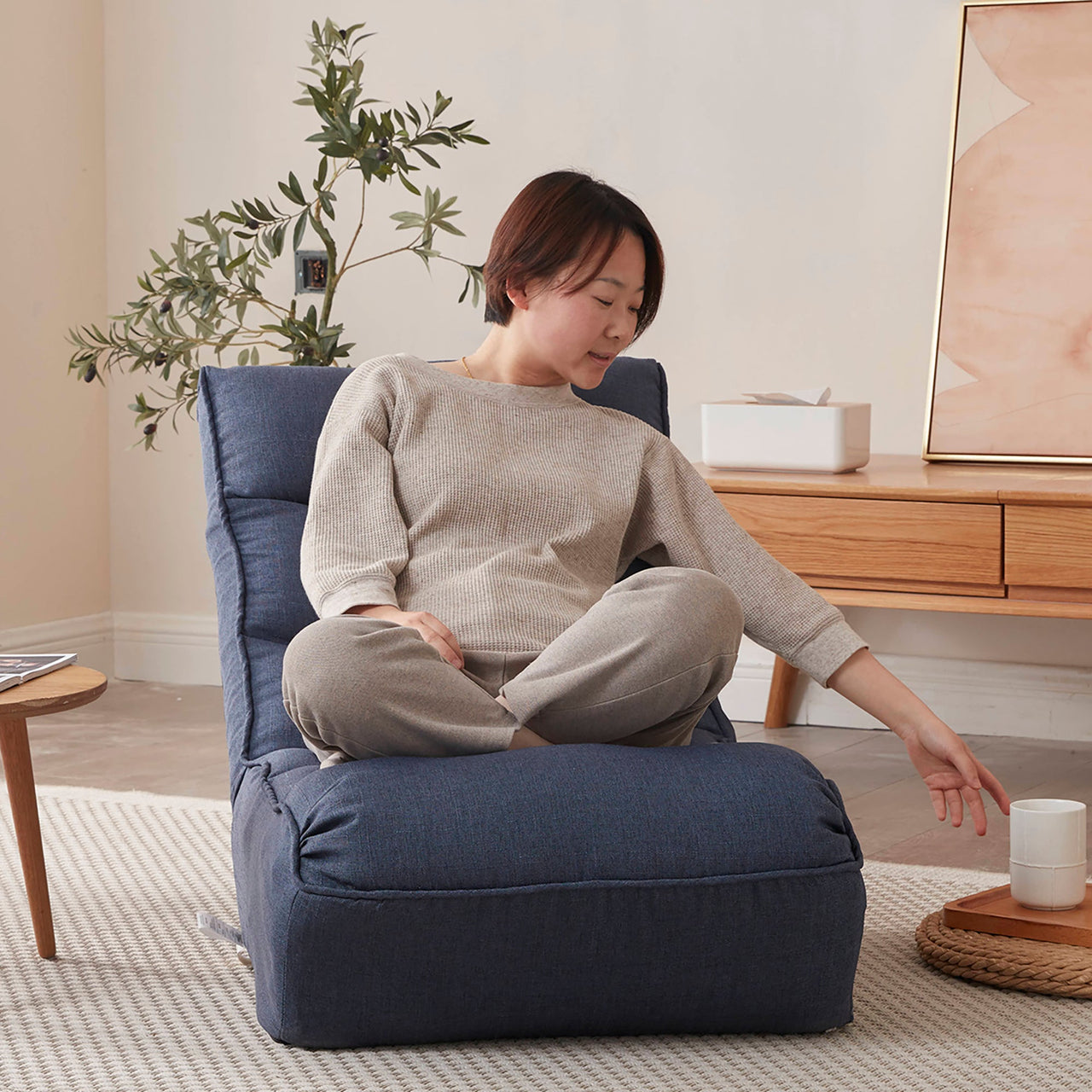 Single sofa reclining chair Japanese chair lazy sofa tatami balcony reclining chair leisure sofa adjustable chair,Navy