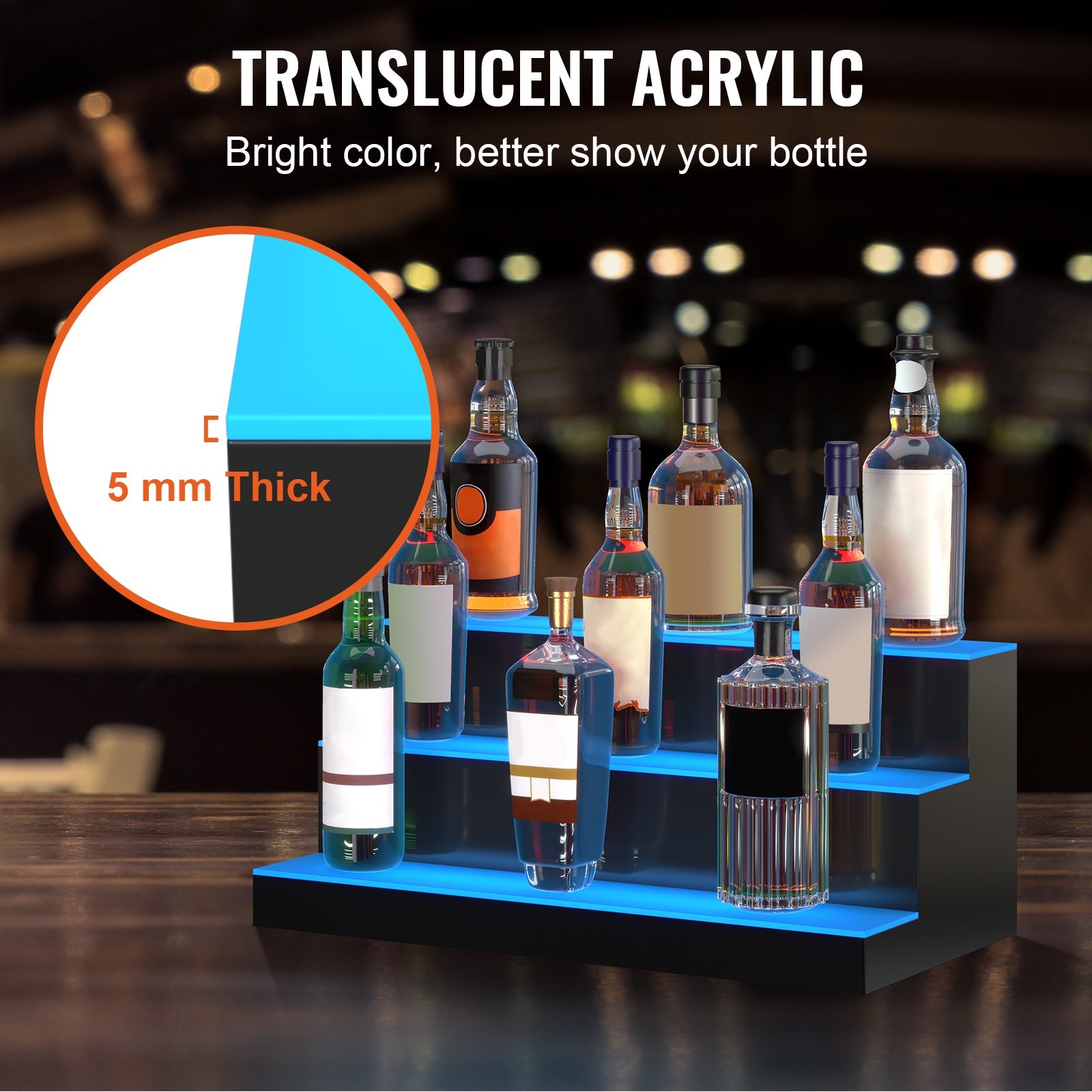 LED Lighted Liquor Bottle Display Bar Shelf RF & App Control 24' 3-Step
