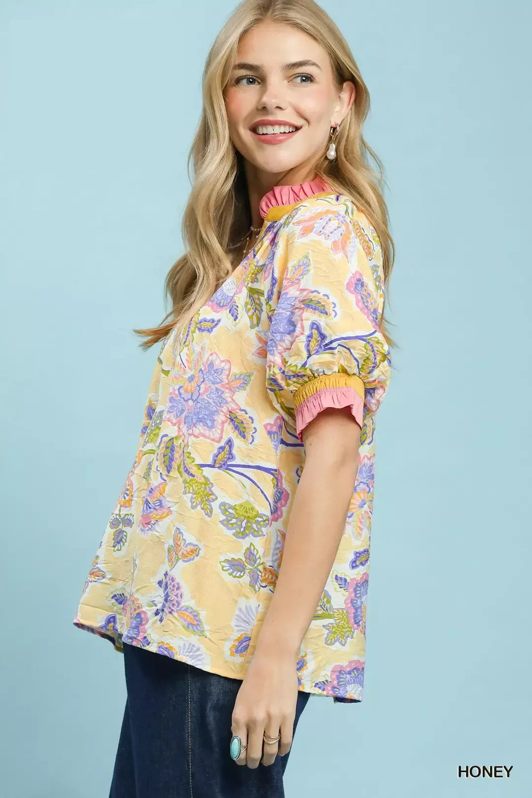 Umgee Floral Print Ruffled Short Sleeve Top