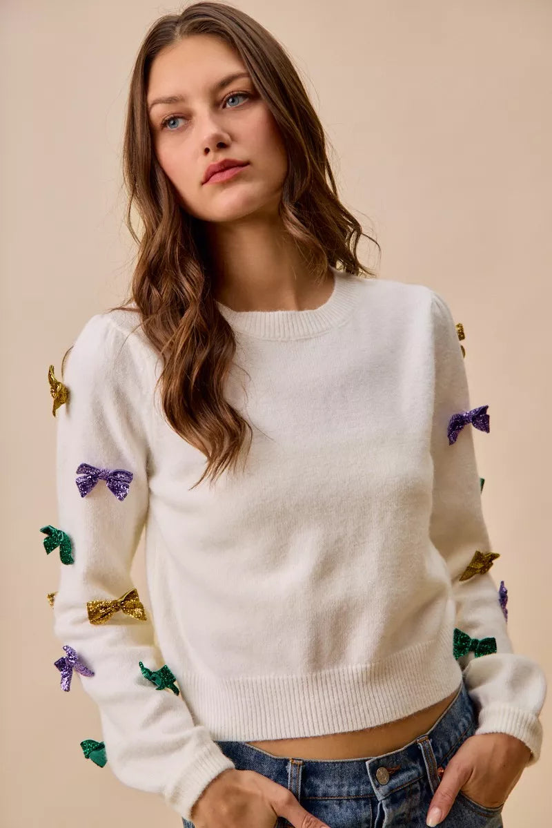 SO ME Mardi Gras Glitter Bow Ribbon Sweater Knit Top
