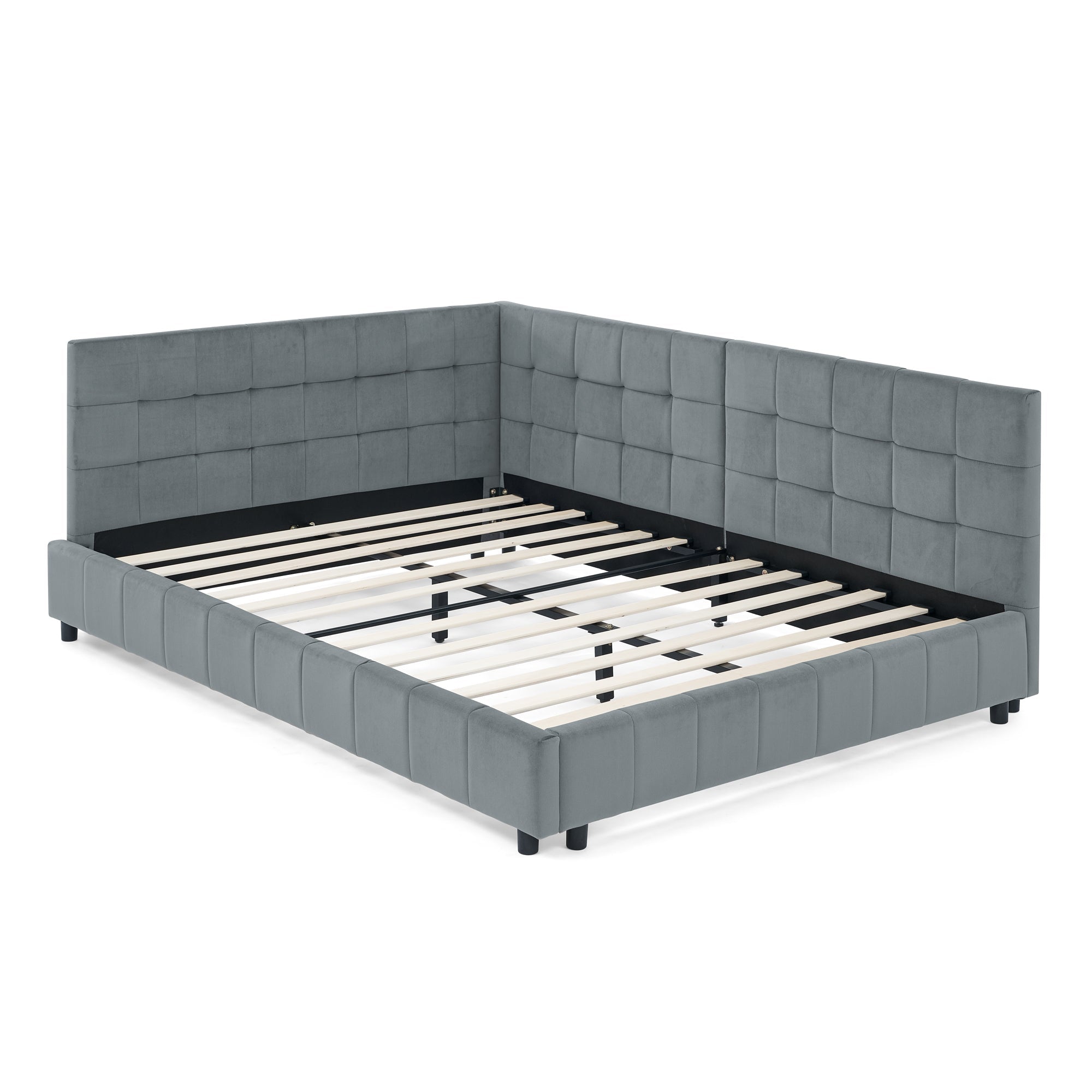 Velvet Grey Full Size Upholstered Tufted Bed Frame with Backrest and Armrests, 80.5''*59''*30.5''