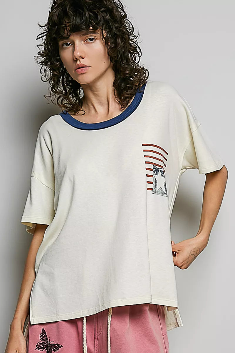 POL American Flag Color Block Side Slit Cotton Top