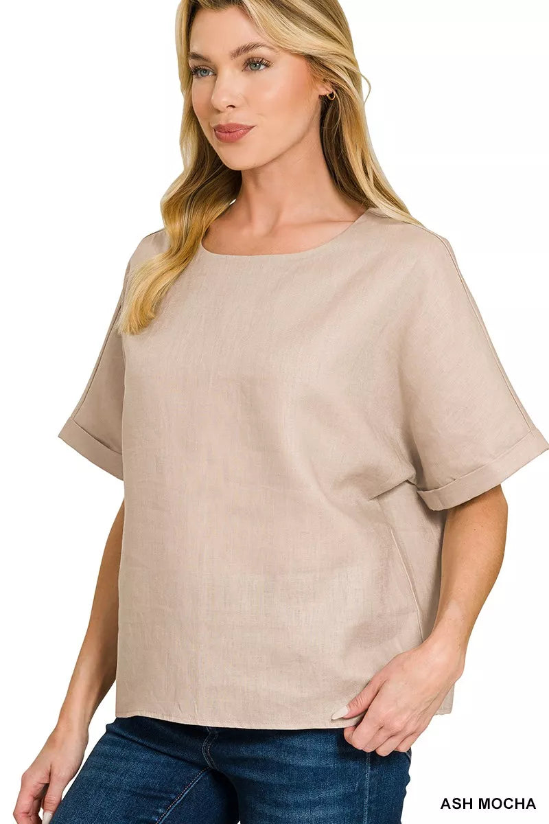 Zenana Linen Round Neck Cuffed Sleeve Top