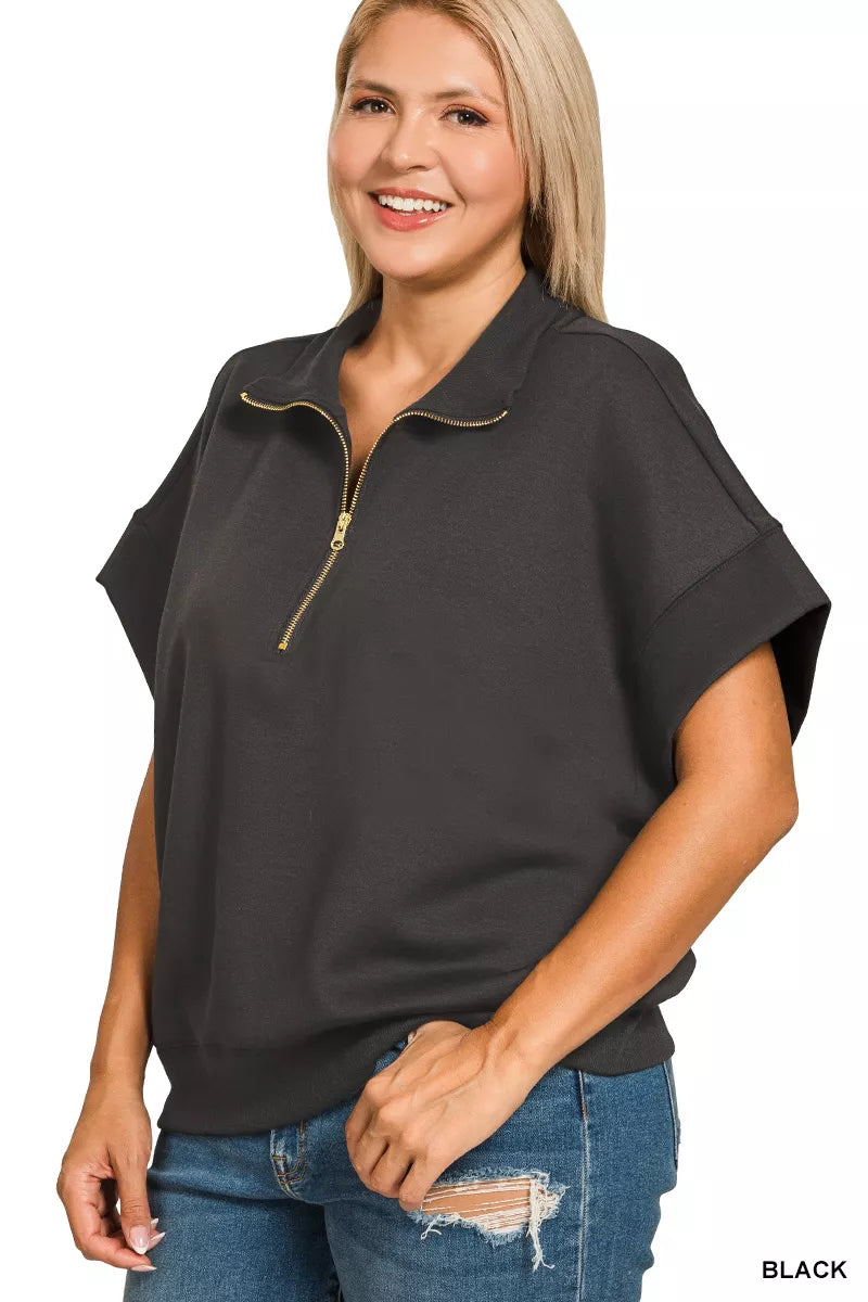 Zenana Full Size Scuba High Neck Half Zip Short Sleeve Top Plus Size