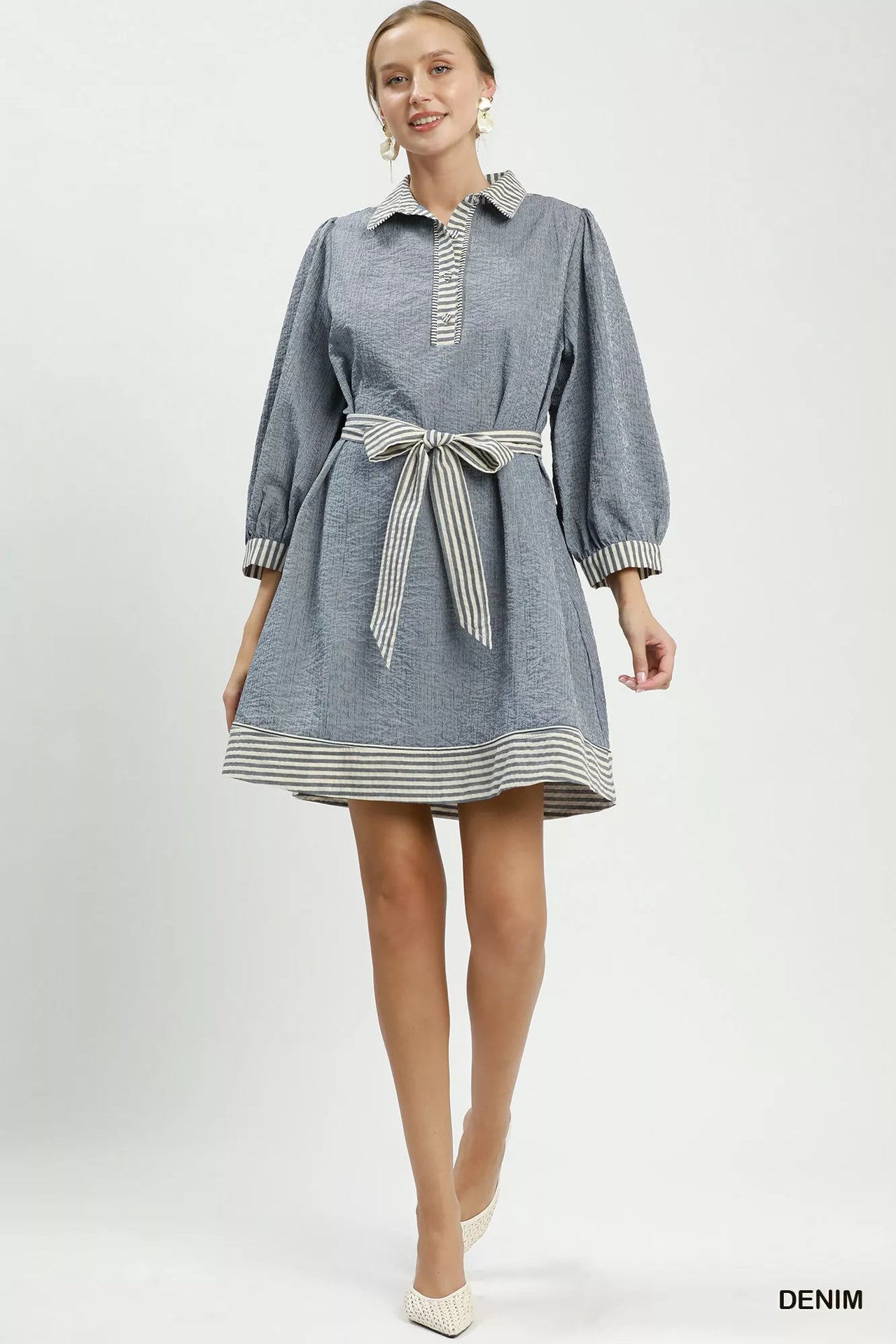 Umgee Striped Contrast Belted Puff Sleeve Mini Dress