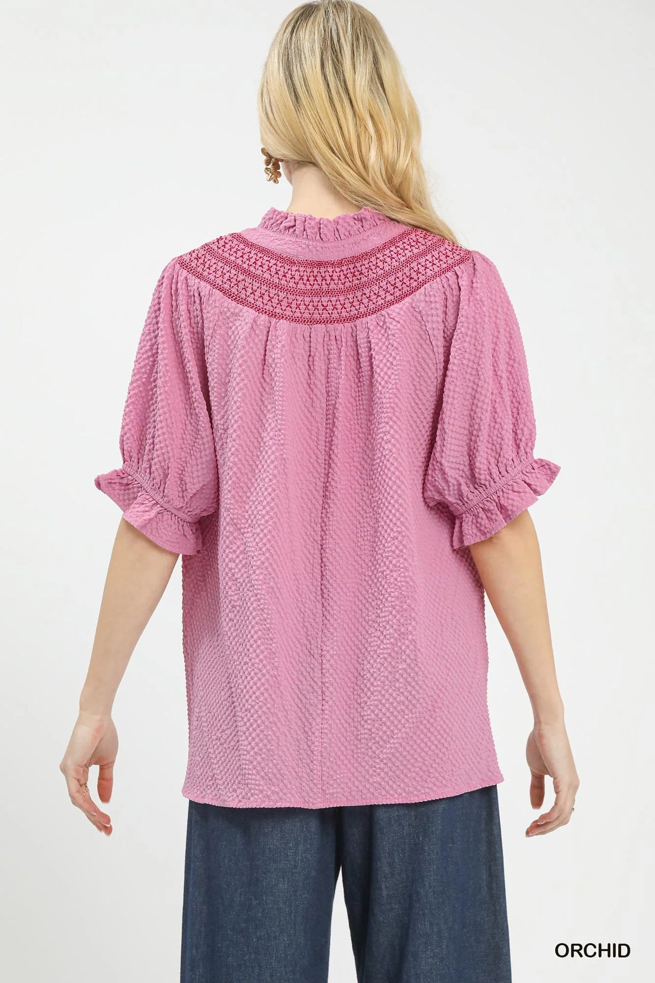 Umgee Textured Henley Blouse with Ruffle Cuffs