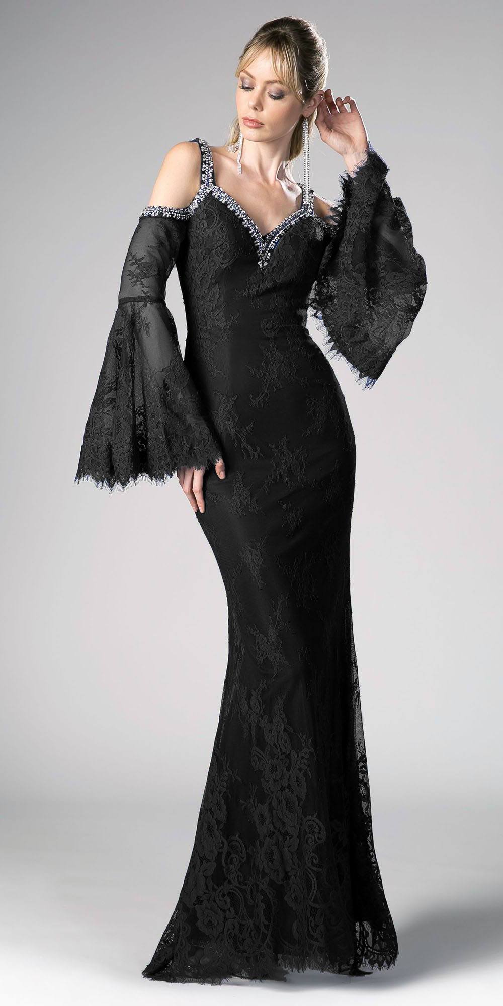 Cinderella Divine 13112 Cold Shoulder Long Sheath Dress Trumpet Bell Sleeves