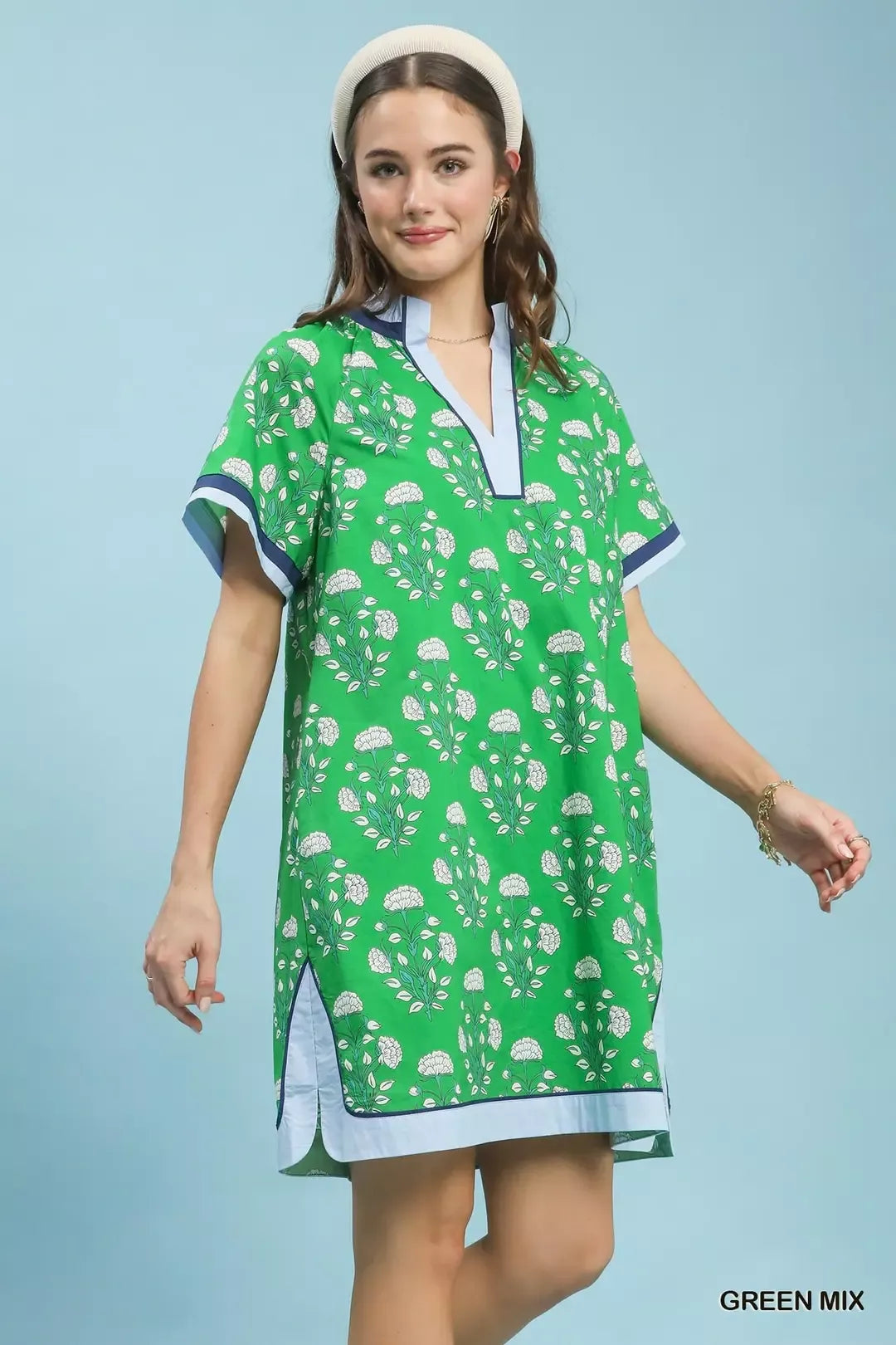 Umgee Printed Split Neck Short Sleeve Shift Dress