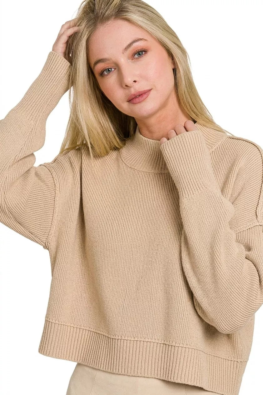 Zenana Side Slit Oversized Cropped Sweater