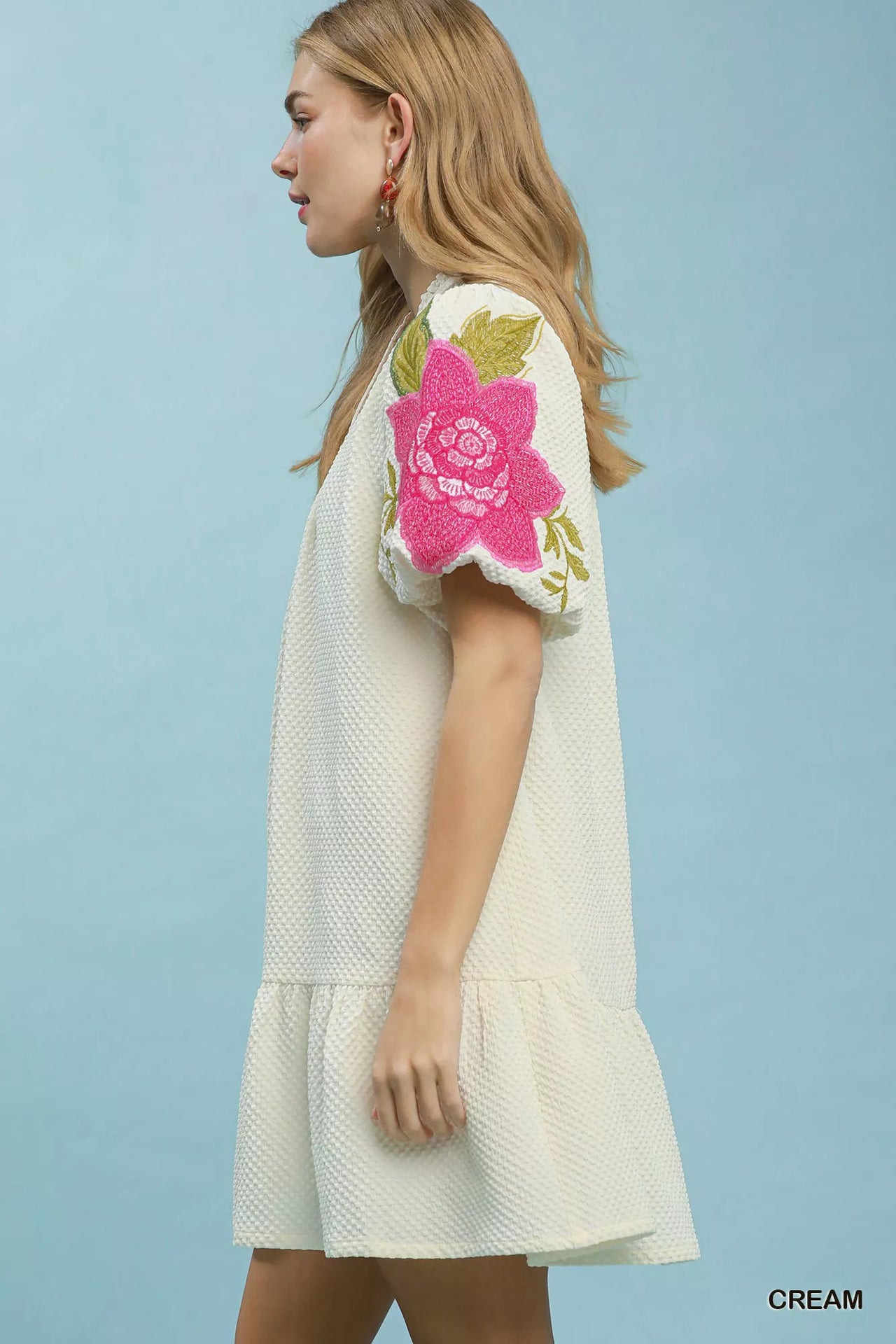 Umgee Floral Embroidered Textured Jacquard Dress