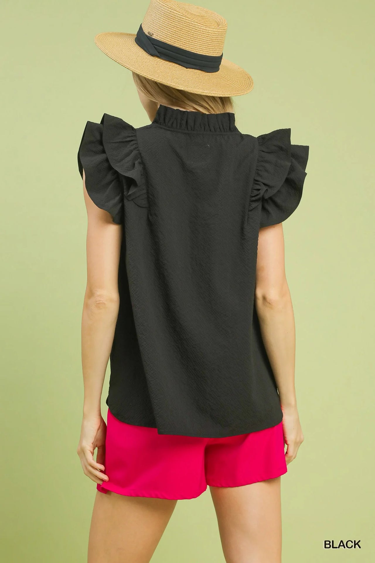 Umgee Textured Ruffle Sleeve V-Neck Blouse